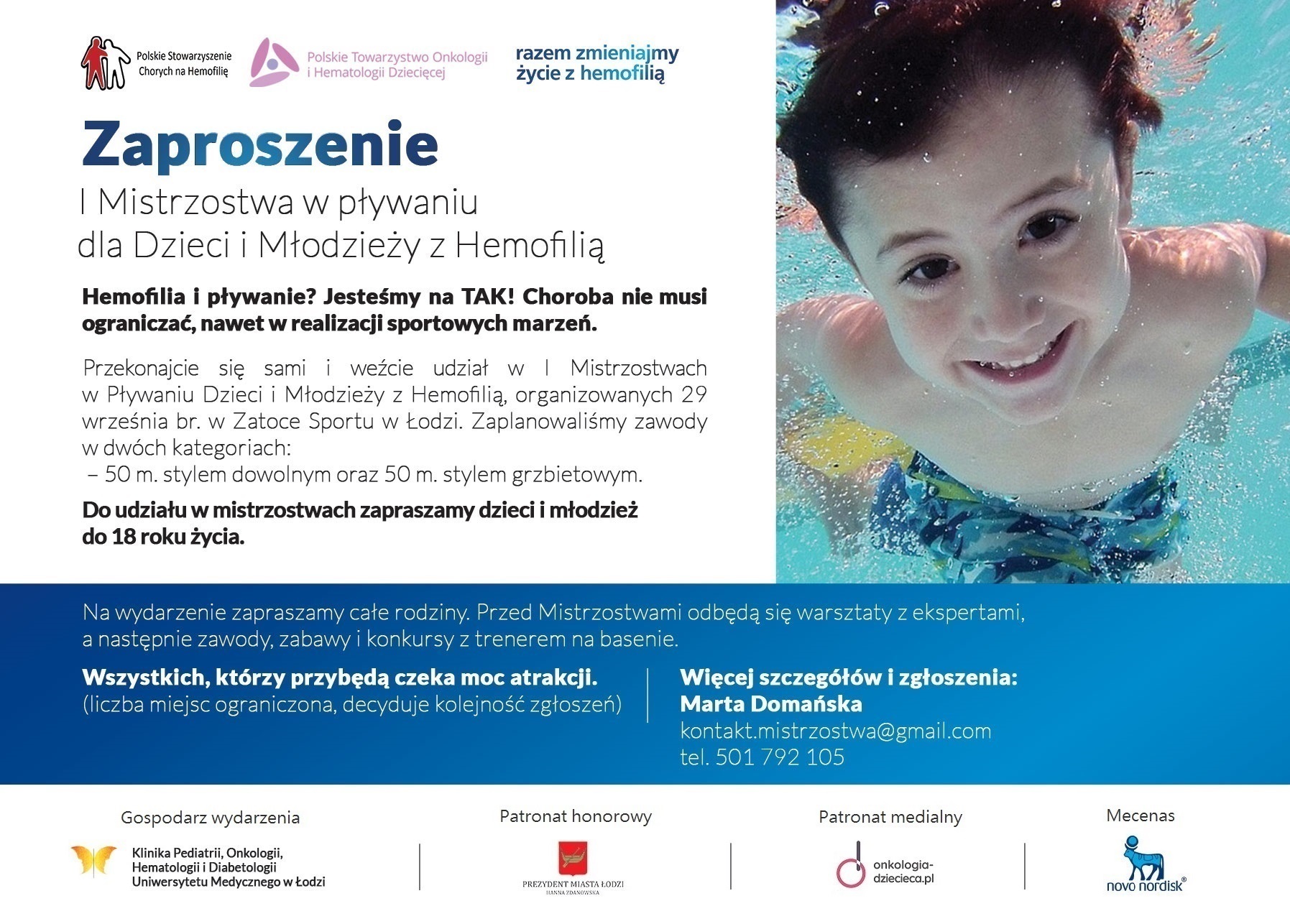 Zaproszenie na I Mistrzostwa w pływaniu dla Dzieci i Młodzieży z Hemofilią